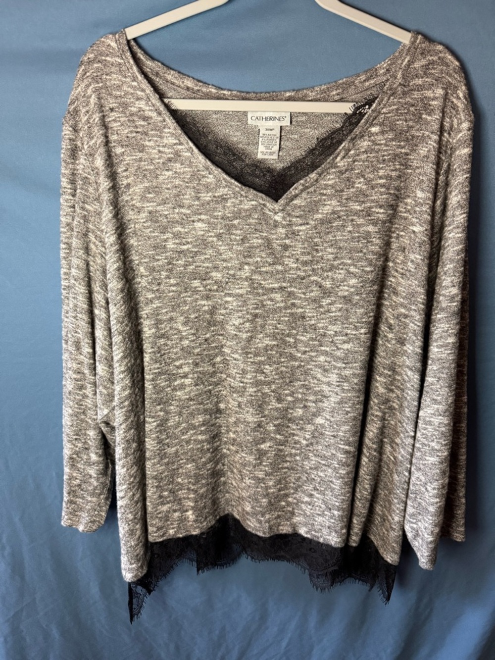 Catherines Gray Marled V-Neck Sweatshirt with Black Lace Hem